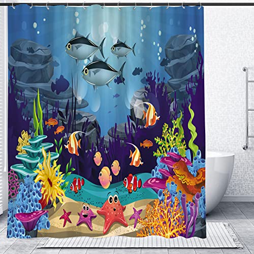 Shuihan Ocean Shower Curtain Under The Sea Shower Curtain Blue Ocean Fish Shower Curtain Sea World Kids Shower Curtain Waterproof Polyester Shower Curtains With Hooks 70.8X70.8In #TOP3