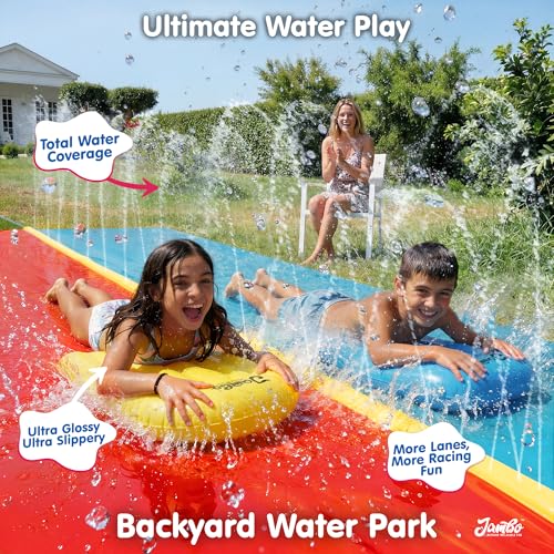 Image of JAMBO 22.5ft Double Lane Slip Splash and Slide with 2 Bodyboards with Built in Sprinkler for Backyard Outdoor Water Fun for Kids, Backyard Lawn Waterslide, Outdoor Water Toy, Splash Mat Splash Pad