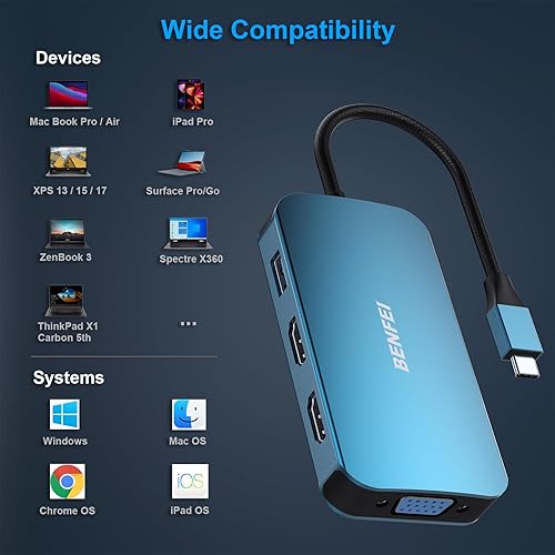 Miniatura 3 de BENFEI Estación de acoplamiento USB C, concentrador USB C 8 en 1 con triple pantalla dual HDMI, VGA, 3 USB 3.0, entrega de energía de 100 W, audio