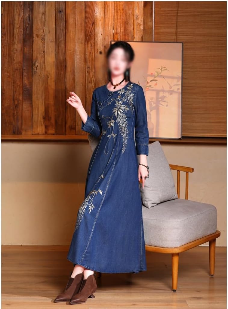 JSEIAJB Autumn and Winter New Ethnic Hand-Buttoned Oversized Dress Embroidered Denim Skirt