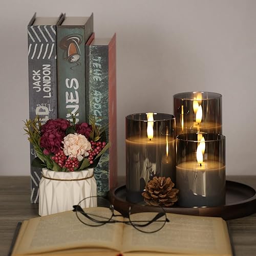 Miniatura 4 de Juego de 3 velas de cristal gris sin llama con control remoto y temporizador, velas LED de cera real controladas con llama 3D parpadeante, D 3