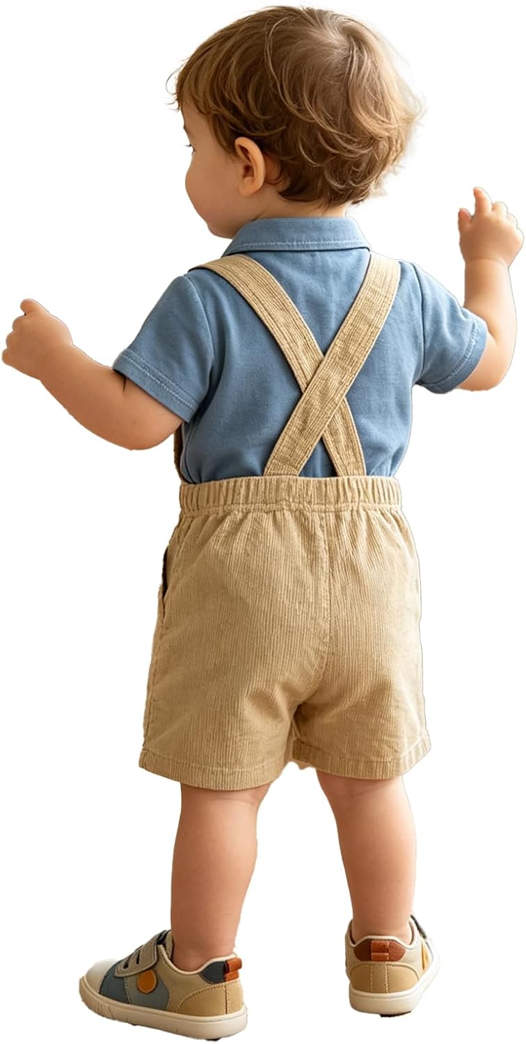 Baby Boy 2-Piece Gentleman Outfit Formal Dress Shirt And Overalls Shorts Suits Set for Wedding Party Blue Khaki 12-18 Months