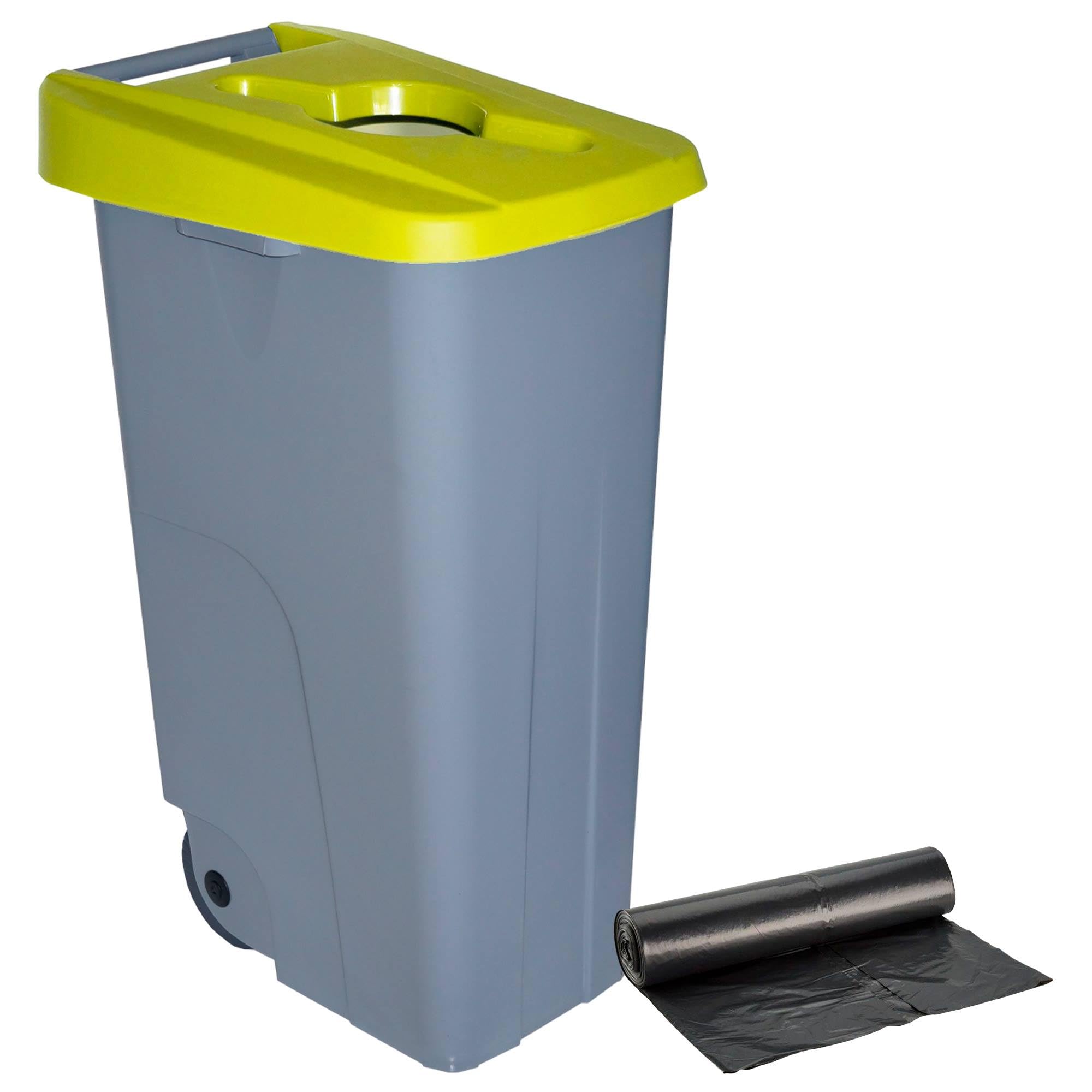Contenedor de Residuos Reciclo 110L Amarillo con Tapa Abierta y Ruedas – Plástico Resistente, Encajable, Asa Ergonómica, Ideal para Envases y Colectividades | Denox