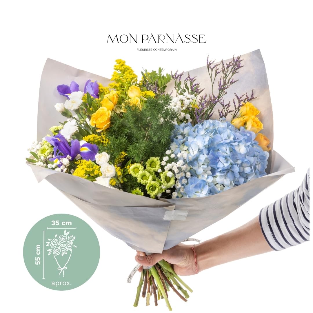 Mon Parnasse - Ramo de Flores Naturales con Dedicatoria, Incluye Tarjeta Personalizada, Set Alimento Floral, Envoltorio Elegante, Regalo, Decoración, Frescura y Aroma - Radiante
