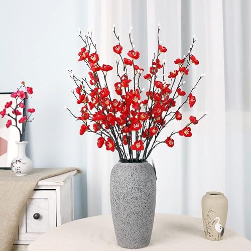 Miniatura 6 de Suandsu 6 flores artificiales de ciruelo largo para el hogar, hotel, oficina, boda, fiesta, jardín, 21.5 pulgadas de alto, color amarillo