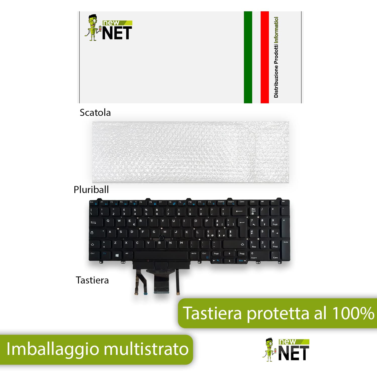 new net - Tastiera Compatibile con Notebook dell Precision 3510, 3520, 3530, 7510, 7520, 7710, 7720 [Senza Frame - Colore Tasti Nero - Trackpoint - Retroilluminata - Layout ITA]