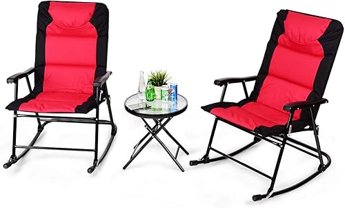 Tangkula Juego de 3 piezas de bistró plegable, sillas mecedoras para exteriores con juego de mesa redonda, sillas plegables y mesa de centro de