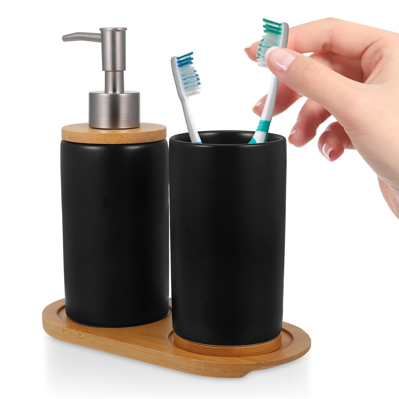 Set de Vaso de Tocador Cerámico Negro 1 Pieza Bandeja