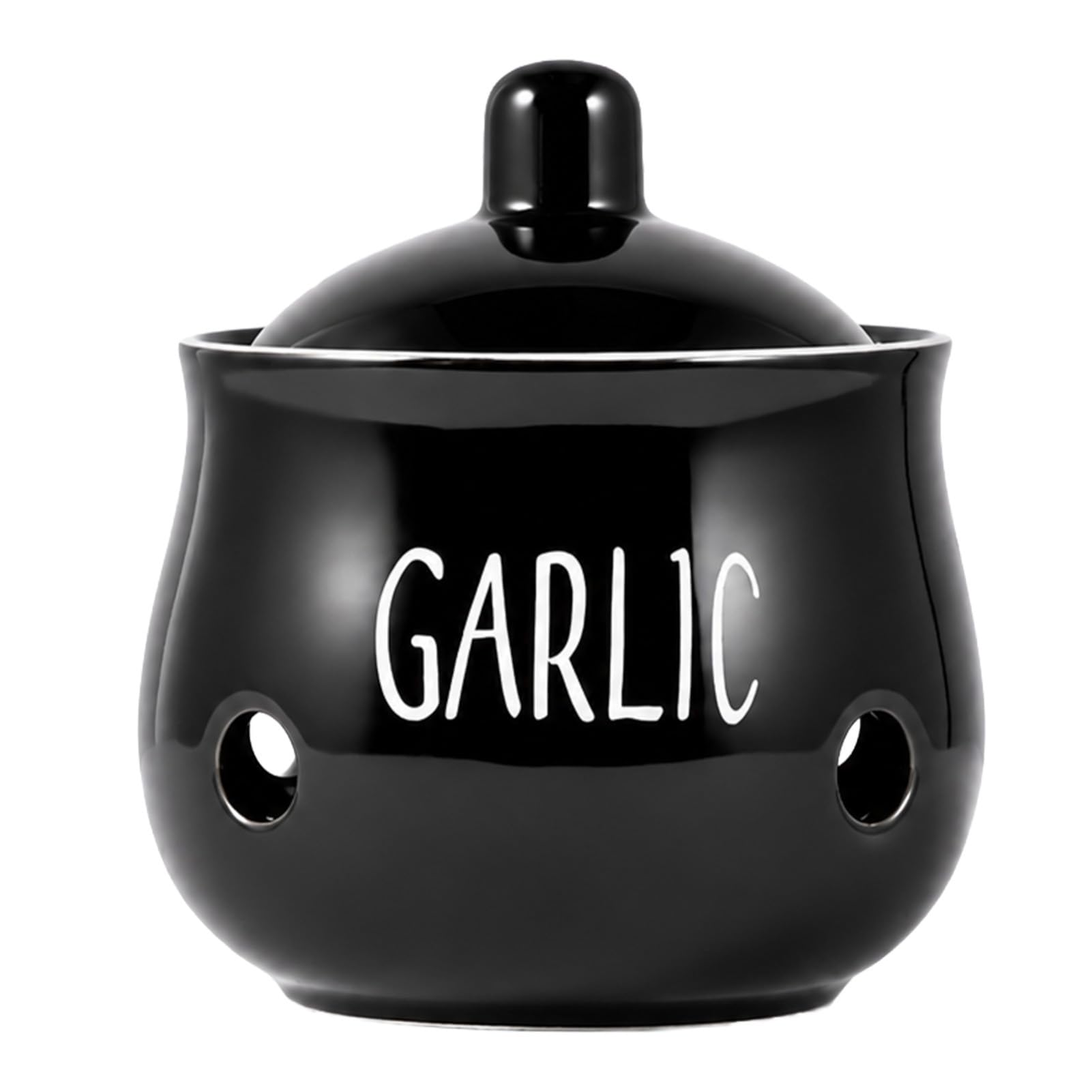 FERNVALE Premium Ceramic Garlic Keeper with Lid Ventilated Hollow Design Storage Container for Countertop Farmhouse Kitchen Decor Organizer Jar Keeps Garlic Ginger Chilies Fresh Black
