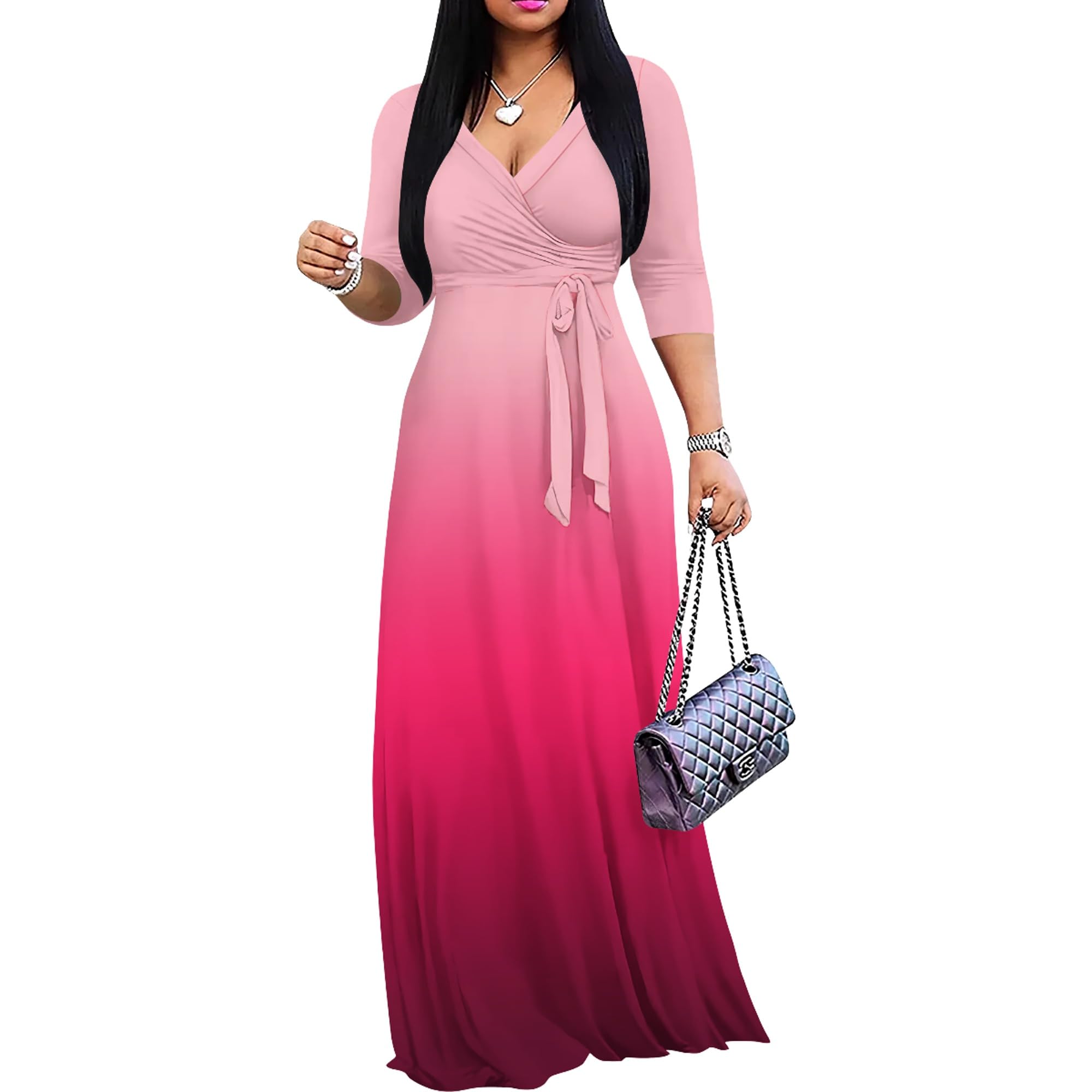 PinkPatty Women's Plus Size Maxi Dresses Casual Flowy 3/4 Sleeves Dress Printed Vacation Dress for Daily Wear with Belt