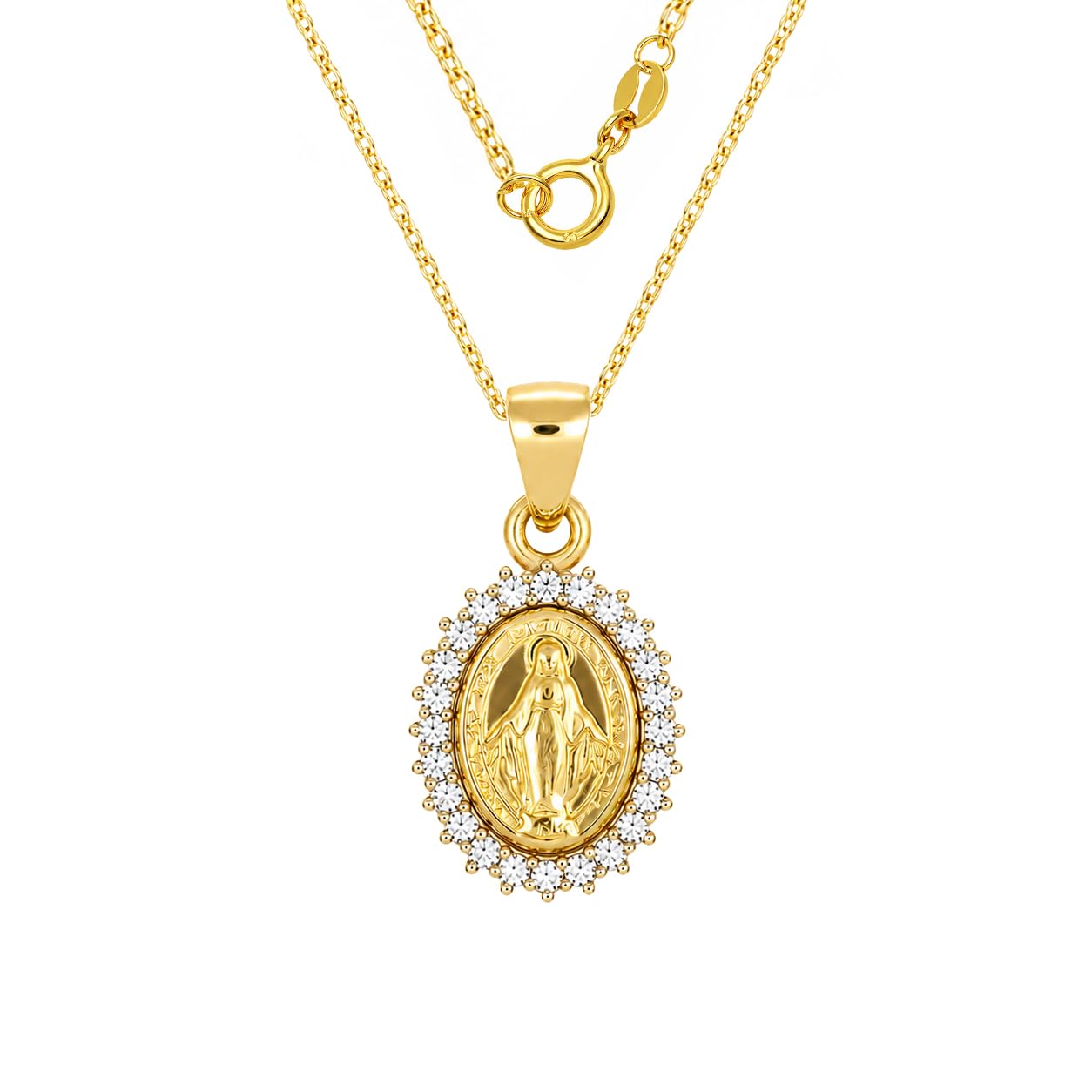 Sakrami Collar de la Virgen Milagrosa de oro de 9 quilates con circonitas blancas Pavé – Medalla ovalada, diseño religioso + caja personalizable – Idea de regalo para mujer, niña, comunión