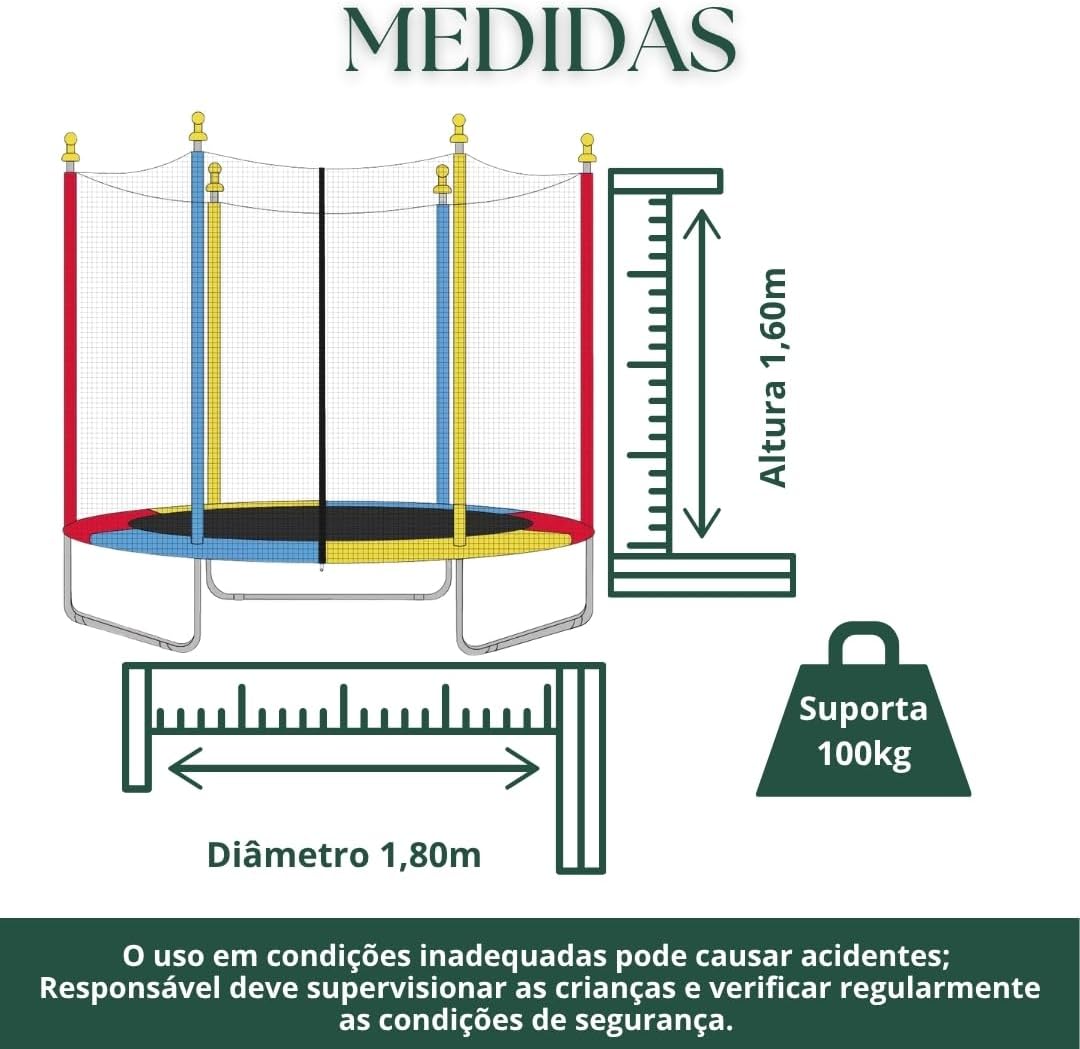 Pula Pula Grande largura 1,80m X altura 1,60m Cama Elástica Infantil Trampolim Playground Desmontável Eloria Pula Pula Grande largura 1,80m X altura 1,60m Cama Elástica Infantil Trampolim Playground Desmontável Eloria