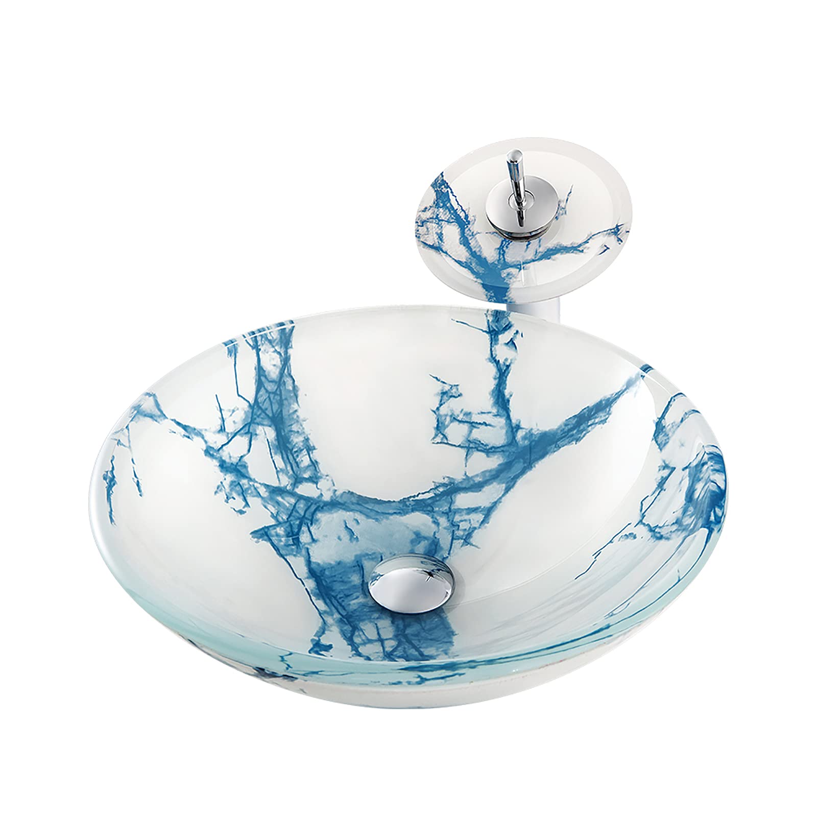 WDSOPK Bathroom Artistic Tempered Glass Vessel Sink Round Bowl Countertop Vanity with Waterfall Faucet and Pop Up Drain Combo (Blue Green)