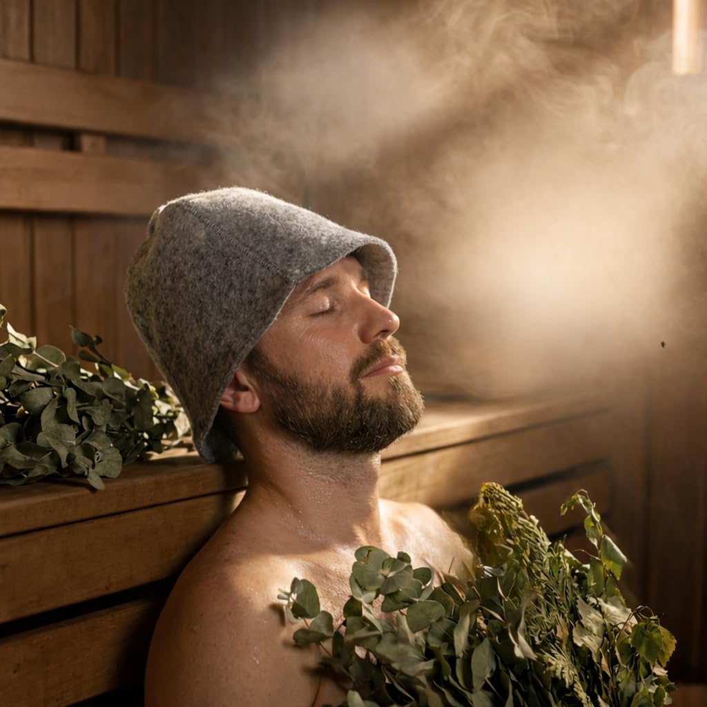 Saunahut Grau Wollfilzmützen - Schützen Sie Ihren Kopf vor Hitze - Englische Sauna E-Book Handbuch inklusiv