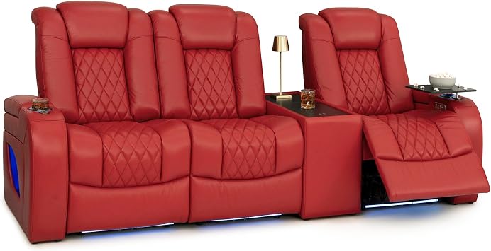 Seatcraft Virtuoso LT Red Row of 3 Left Loveseat, Straight Console Table