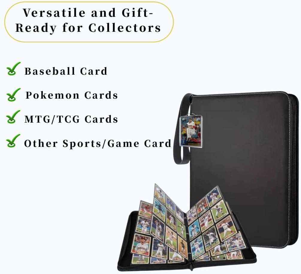 Baseball Card Binder 9 Pocket, 1080 Pockets Trading Card Holder Album with 60 Double Sided Sleeves & one Acrylic Card Sleeve, Black Zipper Album for MTG, TCG, Sports & Game Cards Collectors