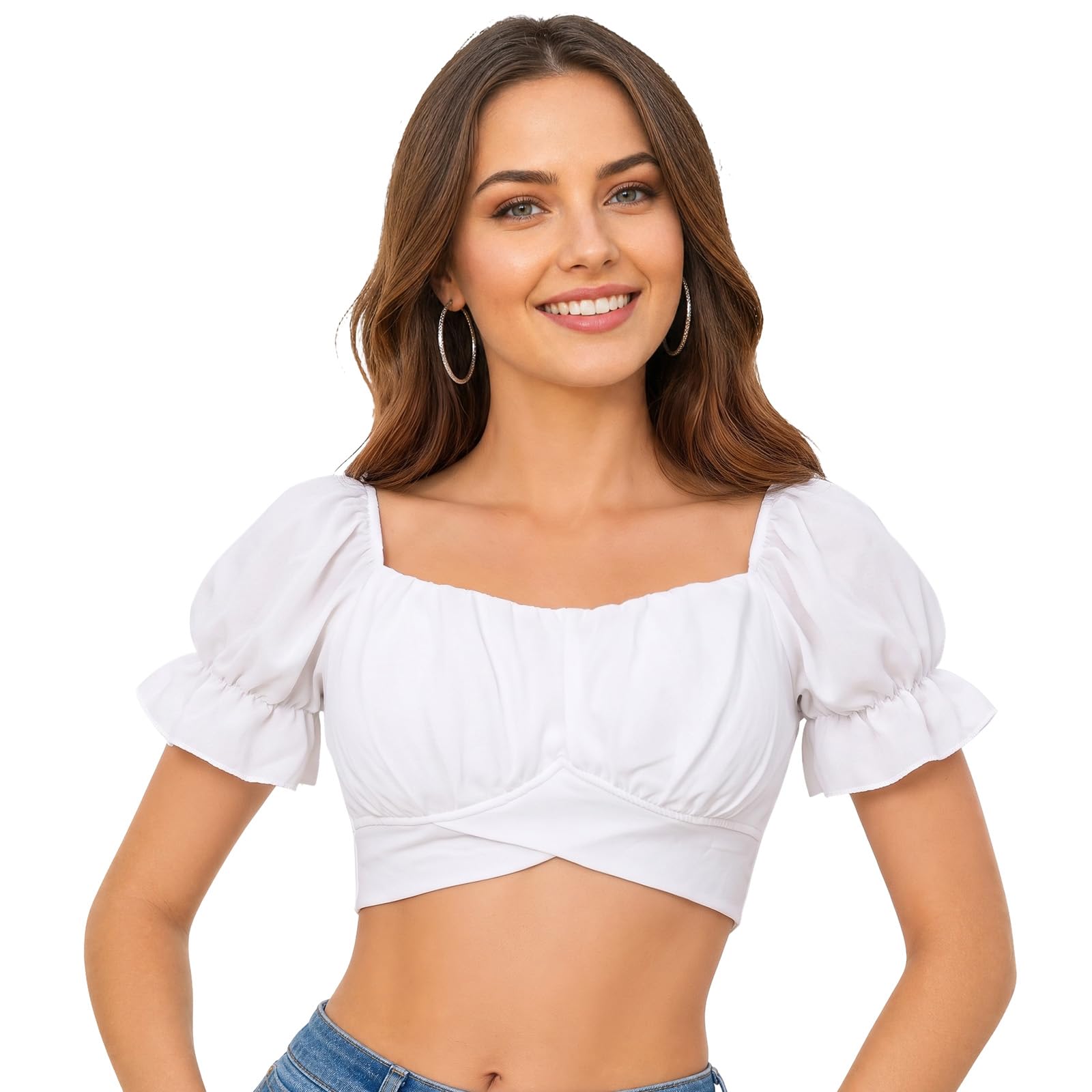 JasGood Dirndl Bluse Damen Weiß Dirndlbluse Kurzarm Elegant DirndlBlusen Damen Trachtenbluse für Oktoberfest S-XXL