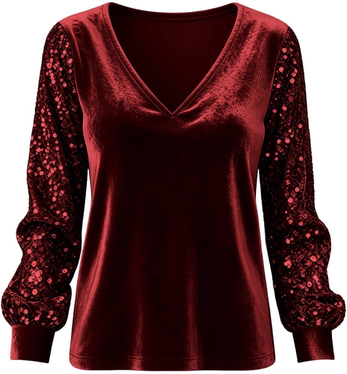 Womens Velvet V Neck Sequin Sleeve Glam Party Night Out Top