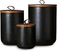 JOJUNO 3-Piece Black Ceramic Airtight Canister Set with Bamboo Lids - Kitchen Storage Jars for Flour, Sugar, Coffee, Tea, Spices (12oz, 30oz, 48oz)