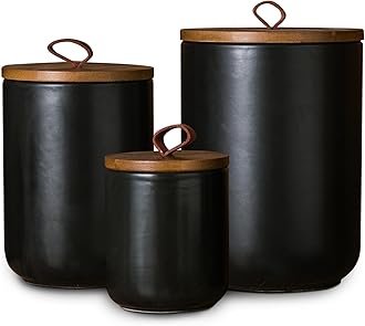Black Ceramic Canister Set with Wooden Lid, 3-Piece Airtight Food Storage Jars for Kitchen Counter - Flour, Sugar, Coffee, Tea, Spice - Small, Medium, Large Sizes