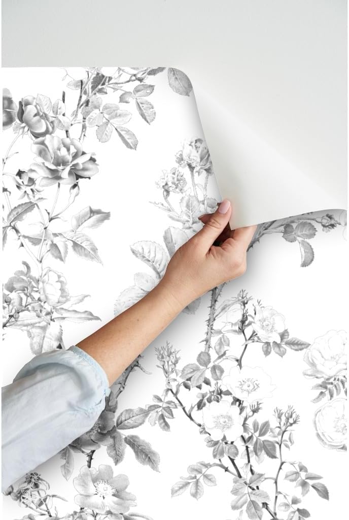 Peel & Stick Wallpaper 3ft x 2ft - English Rose Watercolor Black White Floral Victorian Style Botanical Custom Removable Wallpaper by Spoonflower