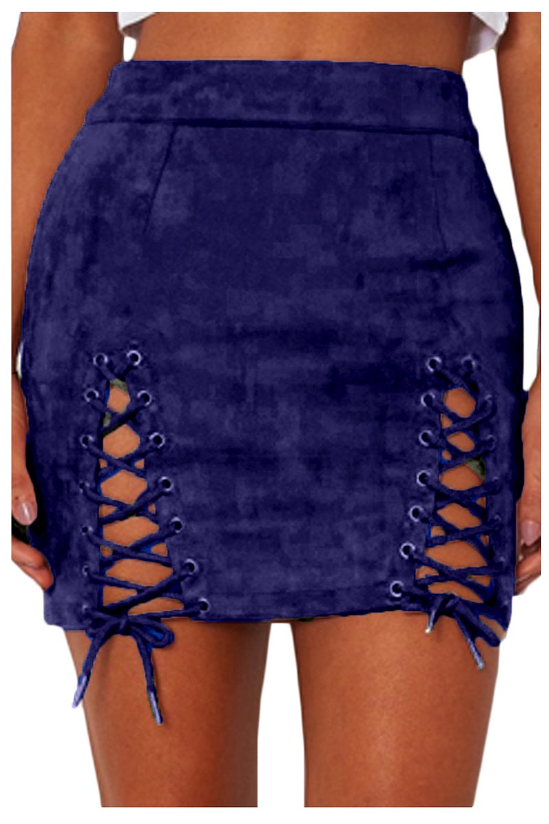 (Size S) Meyeeka Womens Sexy High Waist Lace Up Bodycon Faux Suede Split Tight Mini Skirt