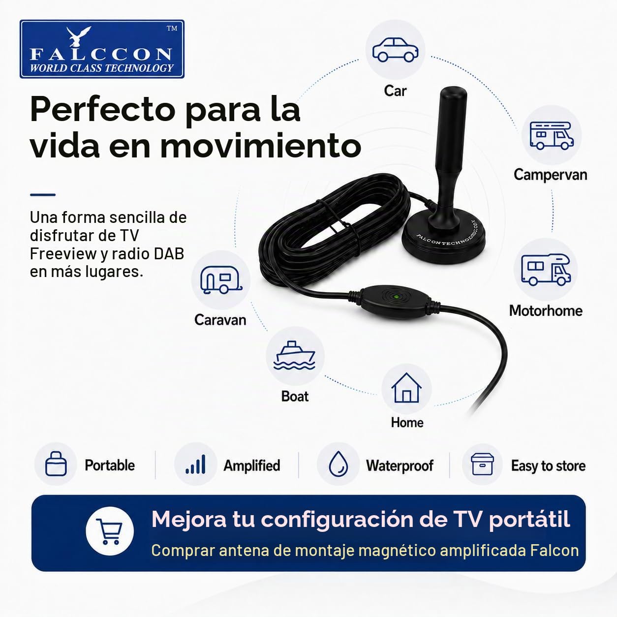Falcon - Antena DTV portátil amplificada con soporte magnético para caravanas y autocaravanas (amplificada)