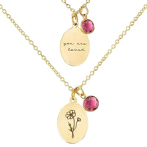 Birth Flower Necklaces for Women Trendy, 18K Gold Plated Dainty Birthstone Pendant Necklace Handmade Oval Coin Birthday Gifts for Women Girls Teens
