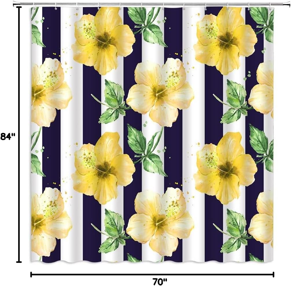 Yellow Flower Stripes Shower Curtain Bloom Hibiscus Floral Green Leaves Spring Garden Blue and White Striped Creative Bathroom Decor Fabric Set with Hooks(70" Wx96 H)