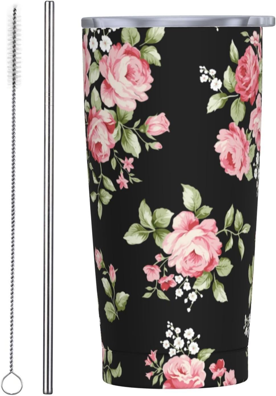 Pink Flowers Tumbler 20oz Floral Stainless Steel Insulated Tumblers with Lid and Straw Black Travel Coffee Mug Tea Wine Cups Water Bottle Sport Gifts for Women