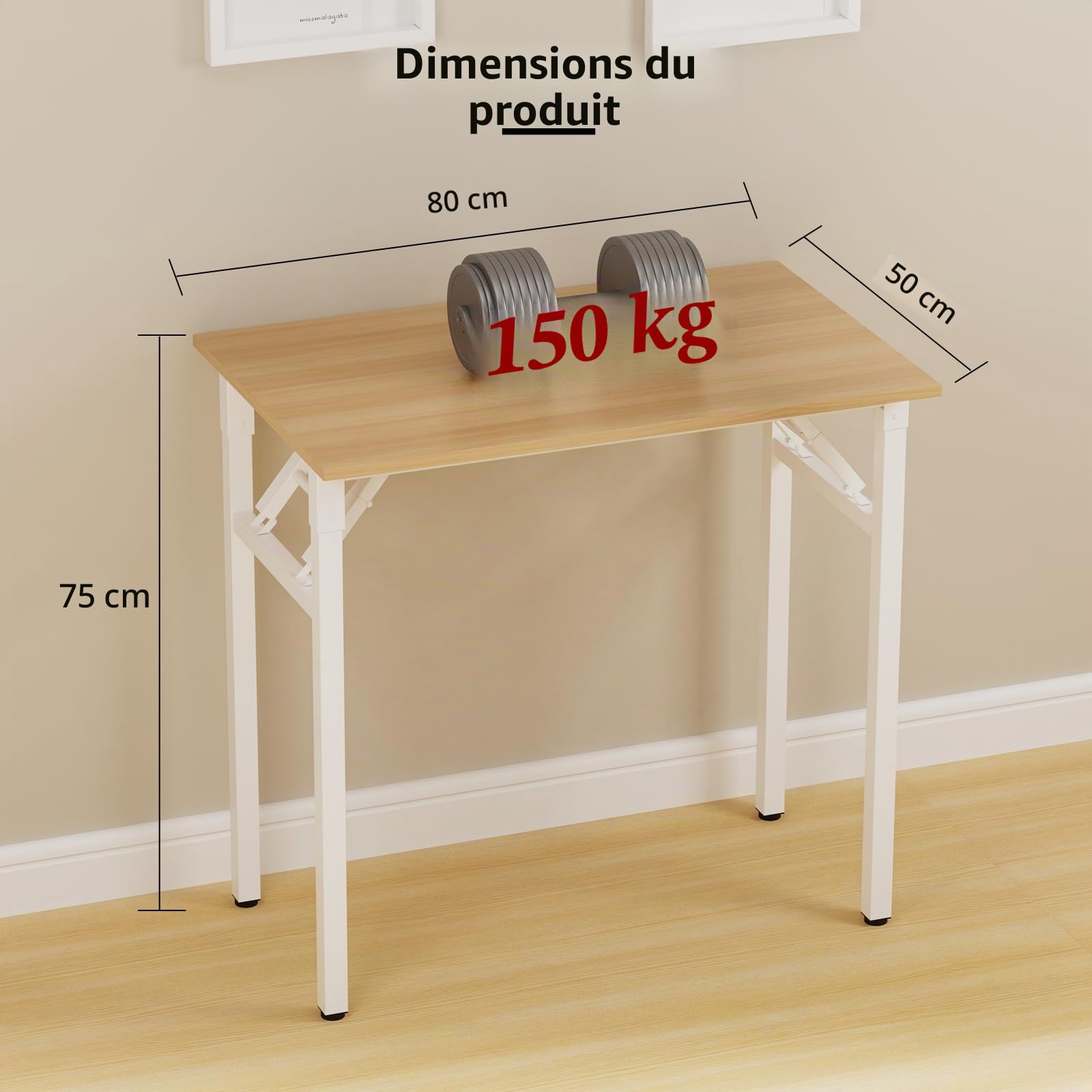 PIPIPOXER Petit Bureau Pliant 80x50x76cm, Table Pliable d'Ordinateur, Cadre en Métal, pour Étudier, Travailler, Chambre, Imperméable, Bois