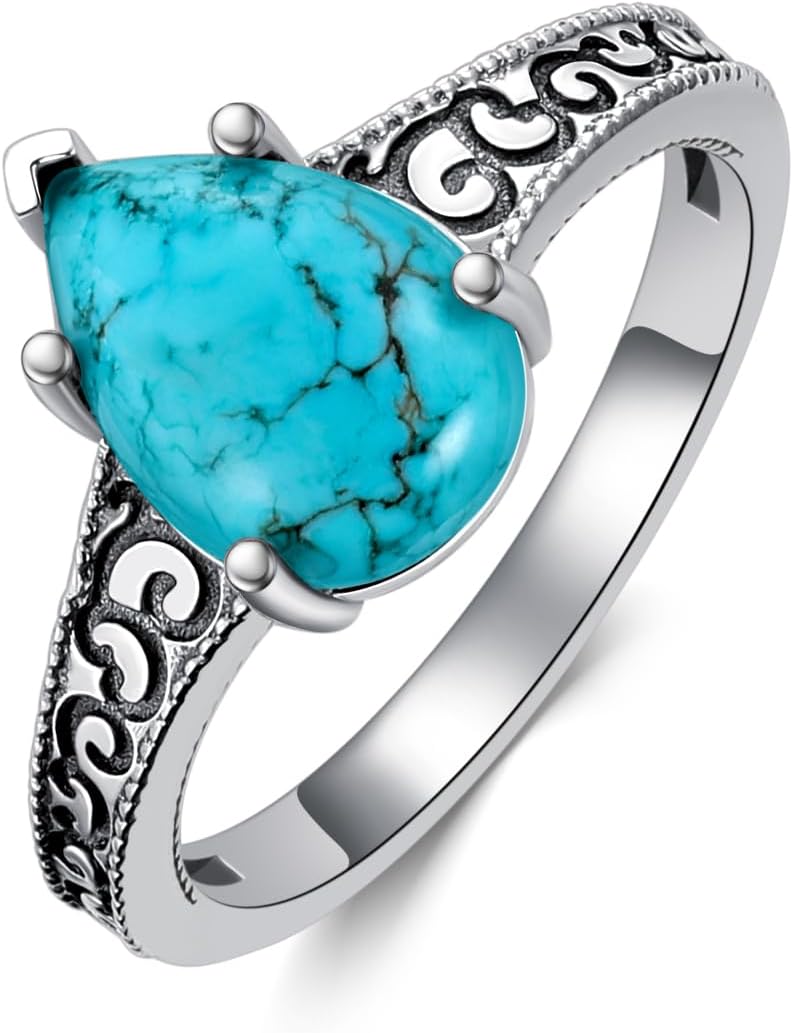 Genuine Turquoise Rings for Women 11 * 8mm Natural Teardrop Stone 925 Sterling Silver Boho Vintage Rings Jewelry for Her Wife Mom