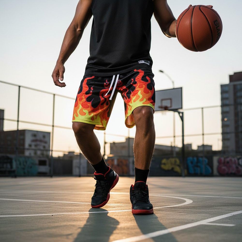 Oddychające męskie spodenki do koszykówki z nadrukiem płomieni, szybkoschnące, luźne, idealne na letni trening, do biegania i uprawiania sportu.