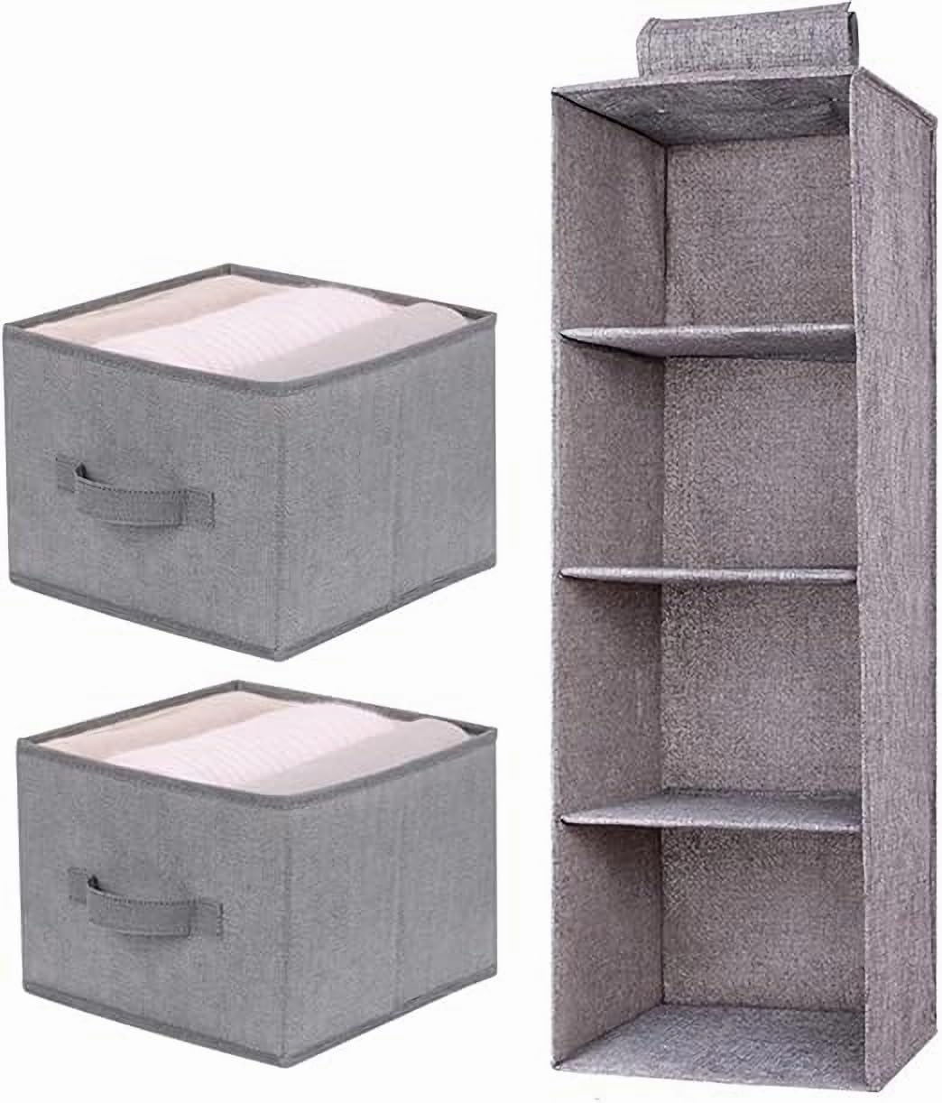 U-HOOME 4-Shelf Hanging Closet Organizer, Wardrobe Clothes Organizer for Closet, Hanging Shelves for Closet with 2 Drawers,Collapsible Hanging Closet Shelves,Foldable,Gray,10.6''W x 10.6''D x 31.5''H