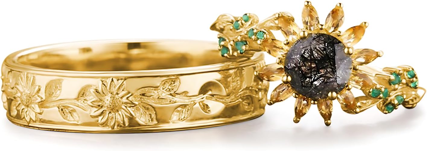 2Pcs Sunflower Couples Wedding Rings Set, S925 10K 14K 18K Gold Engagement Rings for Men and Women, Customized His and Her Matching Leaf Anniversary Bands Jewelry gifts Free Engraving