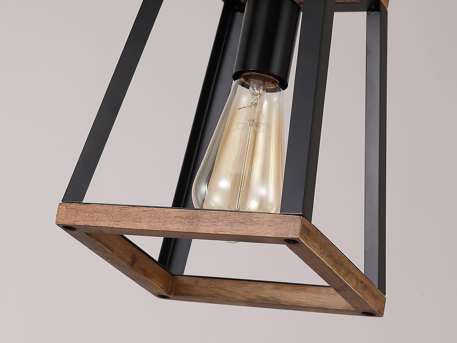 2 Pack Rustic Farmhouse Wood Pendant Light Fixture One-Light Adjustable Chain Oak Wood and Metal Lantern Cage Small Pendant Lighting for Kitchen Island Sink Hallway Bathroom Bar Farmhouse, Black
