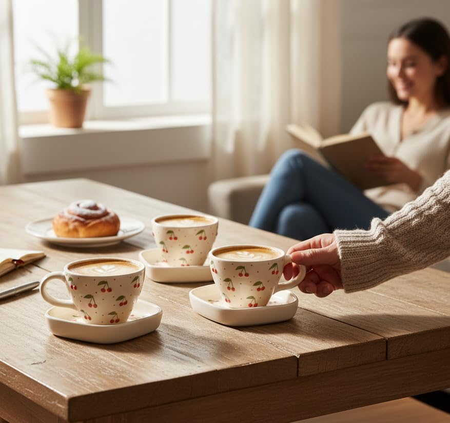 Image of OCEAN STORE Ceramic Cherry Print Tea Cup with Saucer 250 ml | Aesthetic Coffee Cup Set | Cute Printed Ceramic Mug | Glossy Finish Cup for Home, Office & Cafe (4)