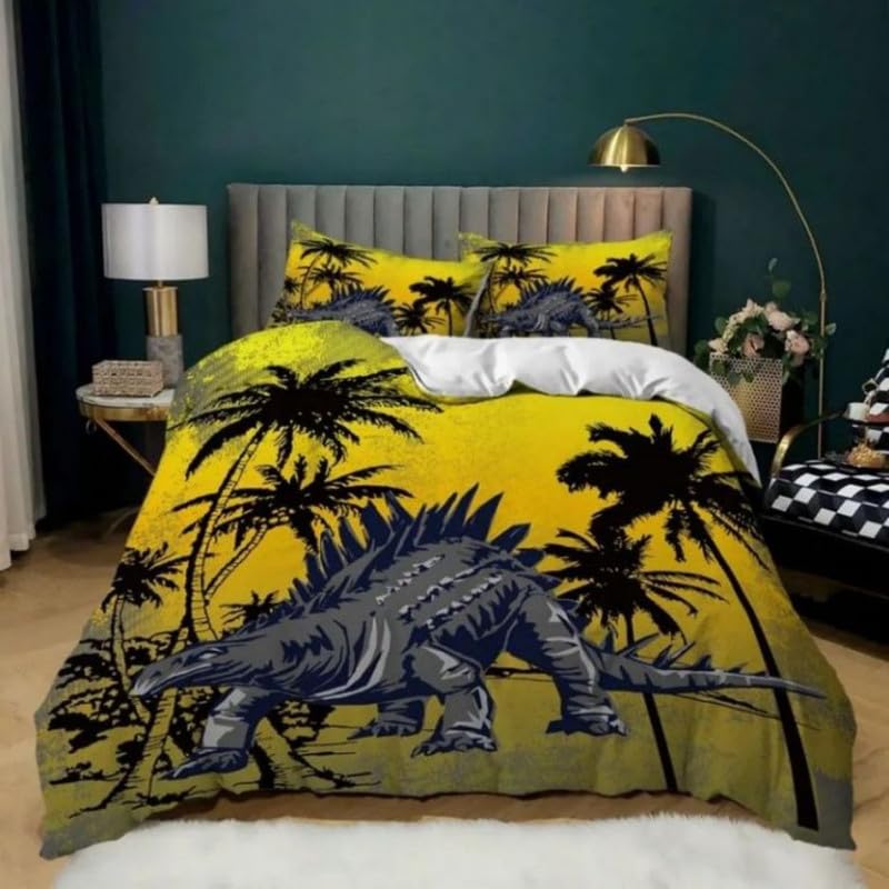 Housse de couette douillette jaune dinosaure contre lit terne