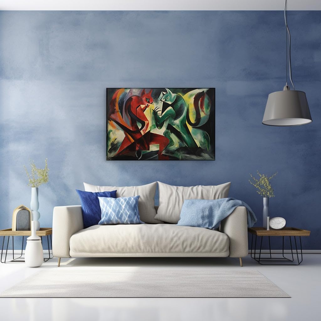 Canvas for Living Room. Dynamic Feline Contrasts A Vivid Dance of Colors in Franz Marc's 1913 Masterpiece The Cats, 27 x 18 inch Canvas Wall Art - Kids Fantasy and Magic - Nature Home Decor