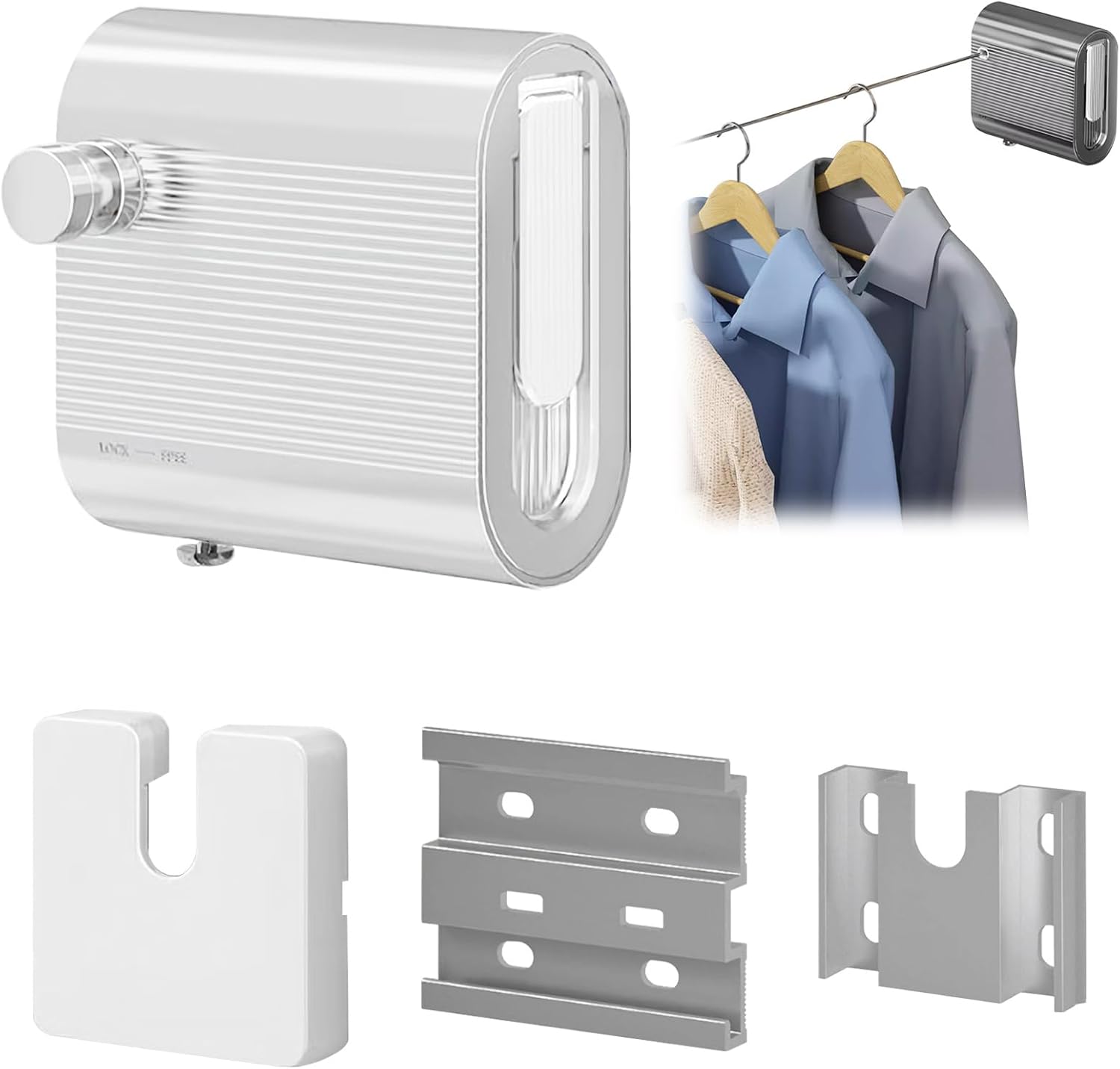 Retractable Clothesline Indoor Outdoor,13.78FT/4.2M Clotheslines for Outside,Wall Mounted Retractable Clothes Line with Stainless Steel Cable (White)