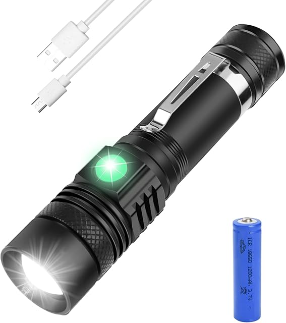 flintronic LED Torch Rechargeable, Mini Clip Torch with 1x18650 Batteries, CREE-T6 Super Bright 1200 Lumens, Lightweight Waterproof 4 Modes, Zoomable Flashlights for Outdoor Camping Hiking Emergency