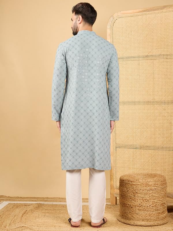 Image of Men's Solid Embroidered Long Straight Kurta | Men's Kurta | Embroidered Chikankari Kurta for Men | Straight Fit Kurta for Men