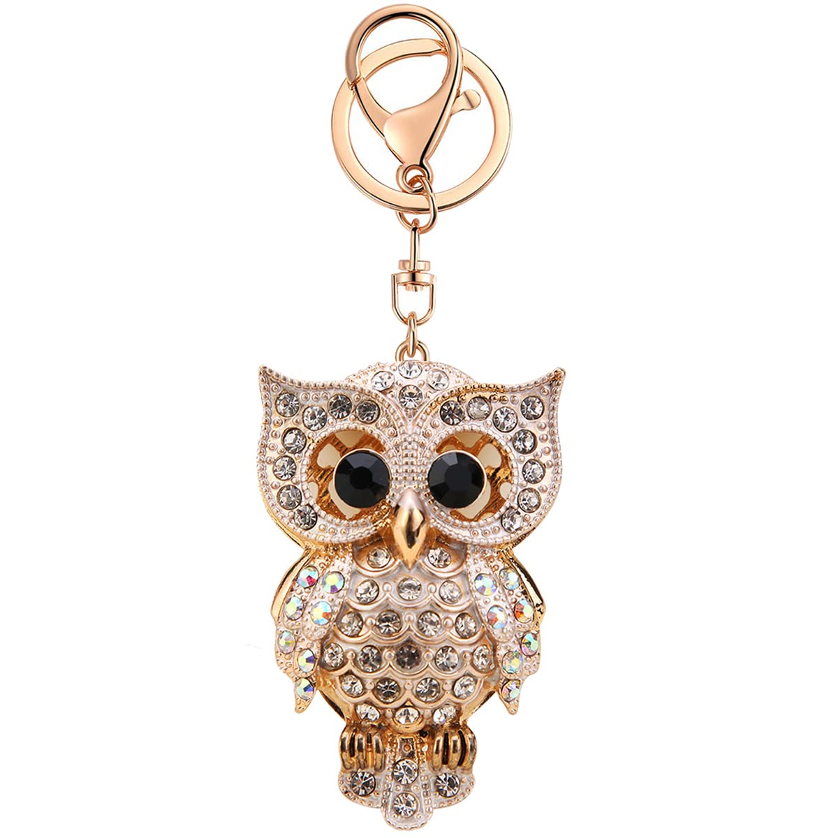 Ryie Women's Owl White Cute Keychain Key Chains For Car Kawaii Rhinestone Crystal Bling Pink Fob Key Ring For Bag Backpack Charm Accessories (Owl White)