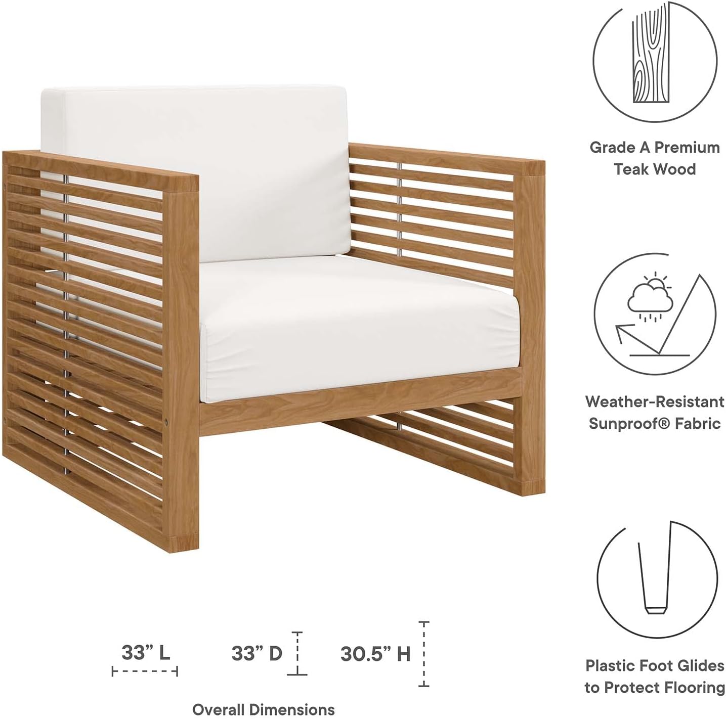 Modway Carlsbad Teak Wood Outdoor Patio Armchair, Natural White