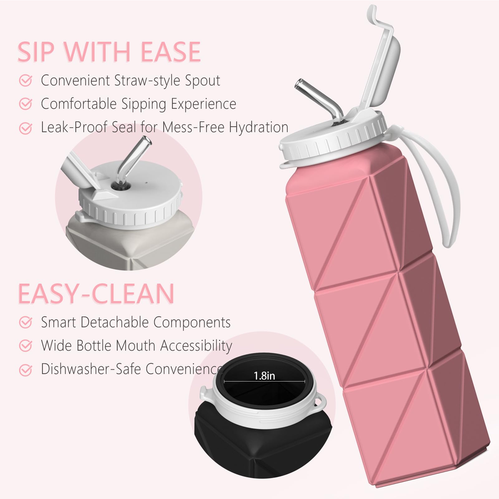 BEAUTAIL Bouteilles d'eau pliables en silicone de 600 ml, légères, réutilisables, étanches pour les voyages, le camping, la randonnée, le cyclisme, le yoga, les sports de plein air