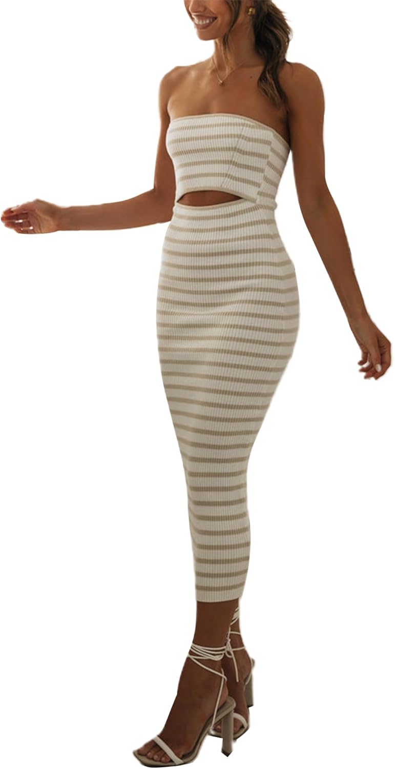 NUFIWI Women Summer Strapless Knitted Long Dress Off Shoulder Striped Cutout Midi Dress Bodycon Backless Beach Sun Dress - Image 3