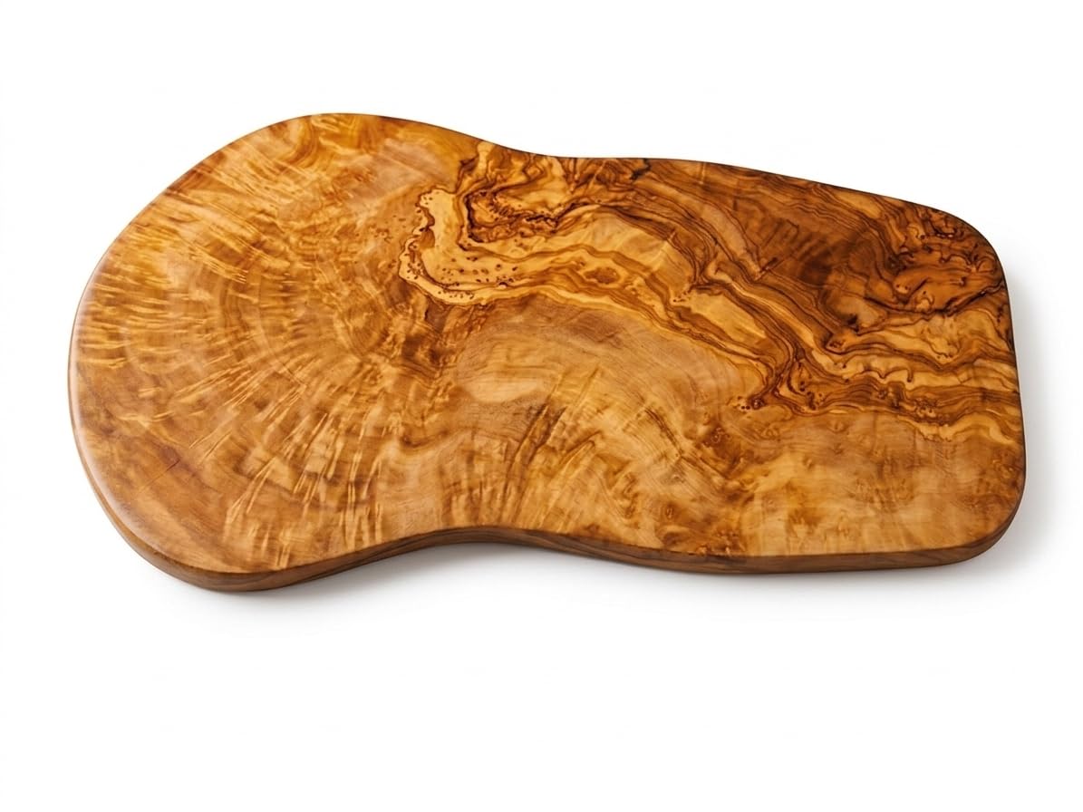 Artisanal Premium Hand-Carved Olive Wood Serving and Cutting Board, Includes Gift and Storage Linen Bag, Natural Live Edge, Approx. 40 x 20 cm, 100% Chemicals Free