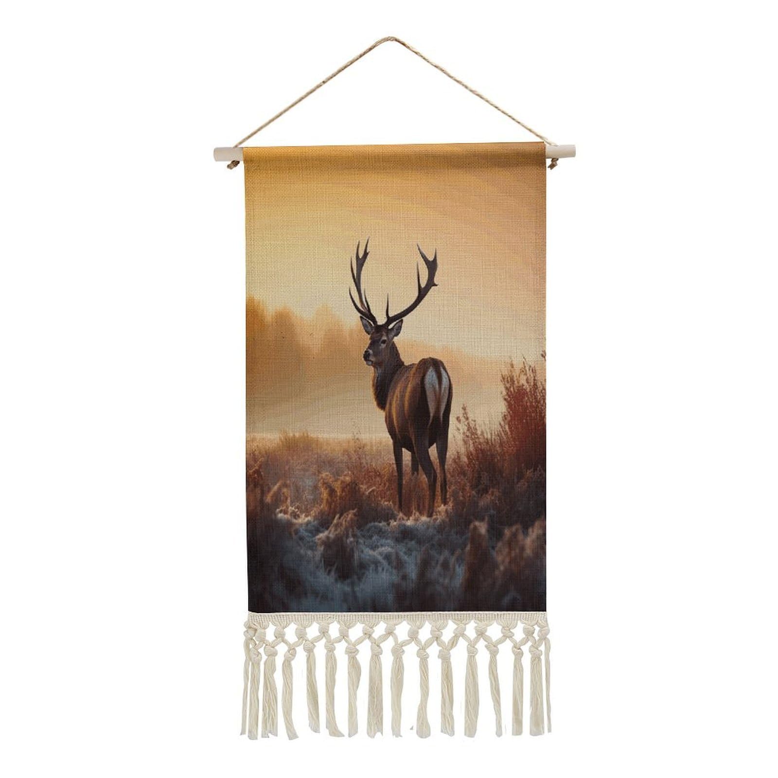 FekiLoot Landscape Deer Wall Art Poster Hanger Frame Vertical Tassel Tapestry Cotton Linen Hanging Poster Decorative Wall Art Prints Vintage Wall Art Decor for Home Bedroom Living Room Office