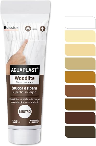 Stucco per Legno Colorato Pronto all’Uso – Aguaplast Woodlite Fibrorinforzato – Riempitivo per Buchi e Crepe su Mobili, Infissi e Parquet – Verniciabile Senza Fondo Colore Neutro tubo da 125ml - 1