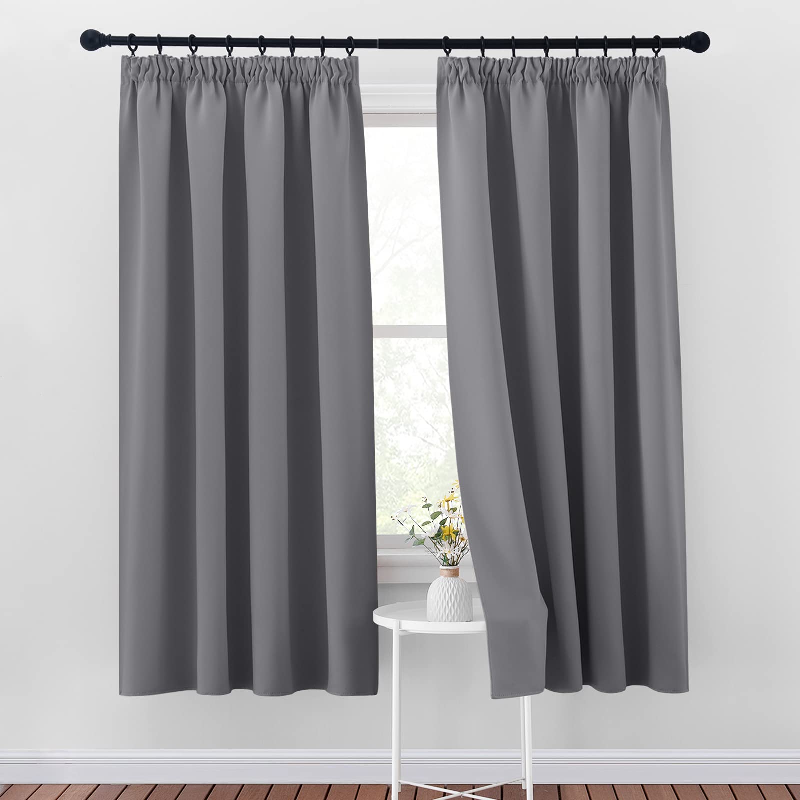 Pony Dance Grey Blackout Curtains 72 Inch Drop for Living Room Thermal Pencil Pleat Lounge Curtains with Hooks, W46 X L72